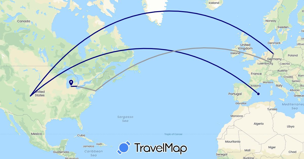 TravelMap itinerary: driving, plane in Germany, Spain, United States (Europe, North America)